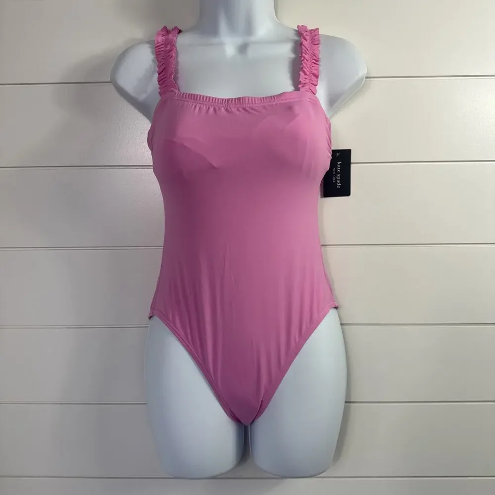 Kate Spade Square Neck Ruffle One Piece Swimsuit Surf Pink sz XS